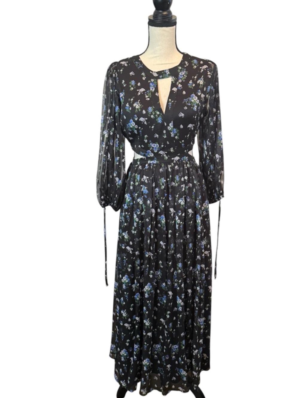 NWT MAJE Maxi Cutout Waist Blue Black Floral Semi Sheer Ballon Sleeves Women 8